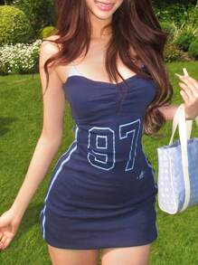 INAWLY 數字印花聚集胸部修身連身裙 - 藏蓝色 - 查看 4