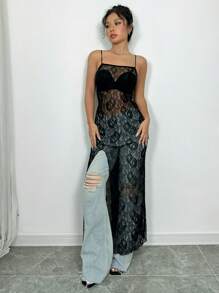 SHEIN Unity Floral Lace Split Thigh Cami See Through Sheer Dress - Black - View 5
