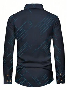 Manfinity Mode Loose Fit Men's Geometric Striped Long Sleeve Shirt, Navy Blue Dress Shirt Men, Business Casual Men Shirt, Men Luxury Shirts - Navy Blue - View 2