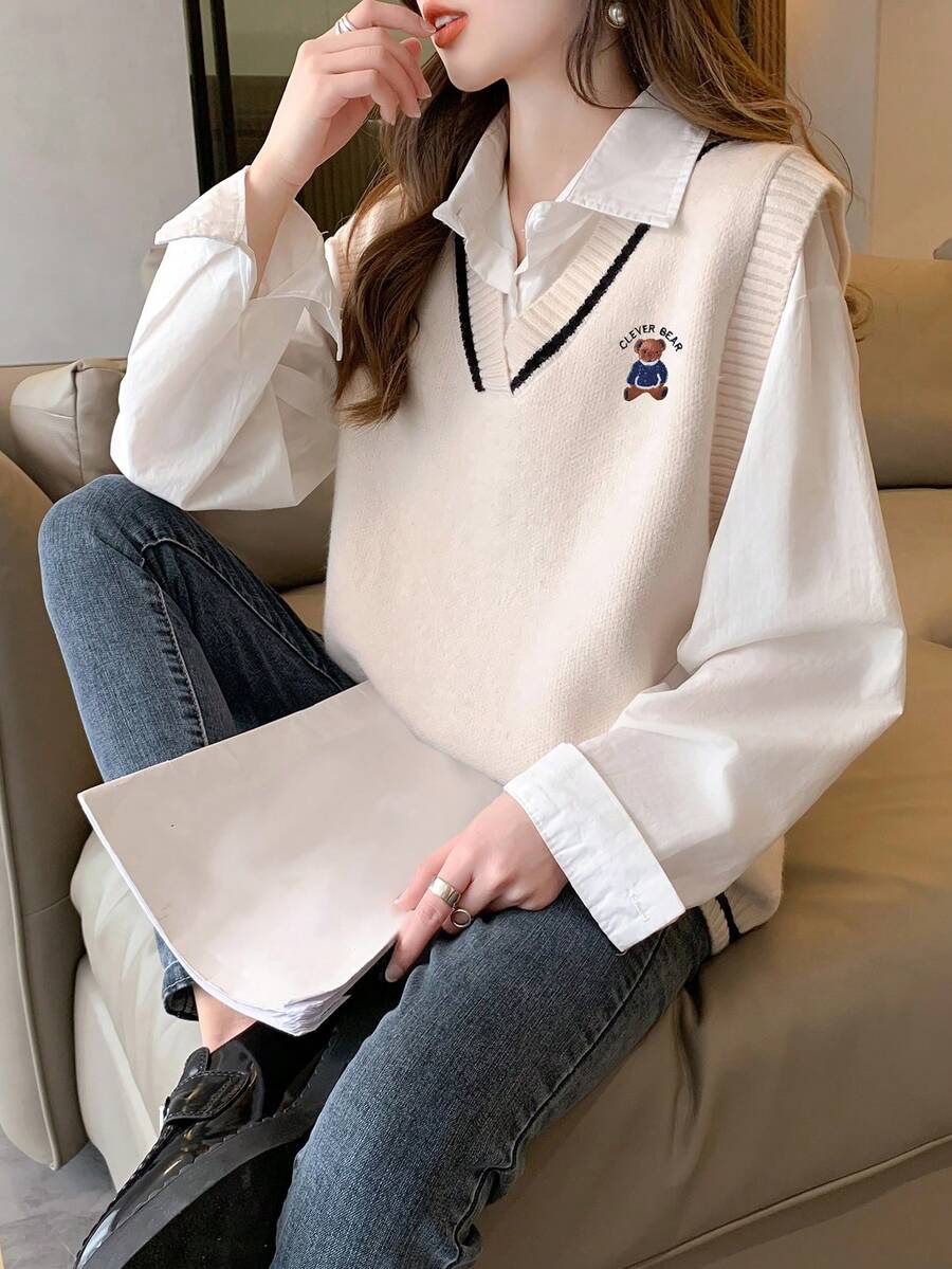 Rikumo Exquisiter V-Ausschnitt Pullover Weste mit Cartoon-Muster