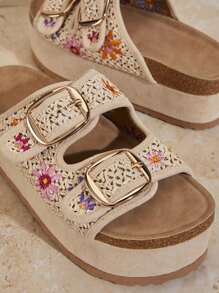 女士掛鉤花編織楔形跟平台鞋，度假風格 - 米色 - 查看 6