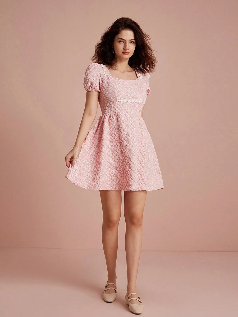 Chiquease Đầm ngắn cổ vuông buộc eo họa tiết jacquard màu hồng hình chữ A tay bồng tương phản ngẫu nhiên - Hồng - Xem 1