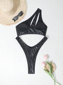 Swim EVENT 女性時尚夏季動物印花修身露空單件泳衣 - 黑色 - 查看 7