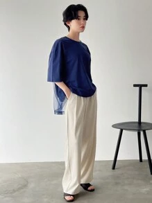FRIFUL Women's Summer Solid Color Round Neck Drop Shoulder Wide Sleeve Loose Mesh Panel T-Shirt - Navy Blue - View 2