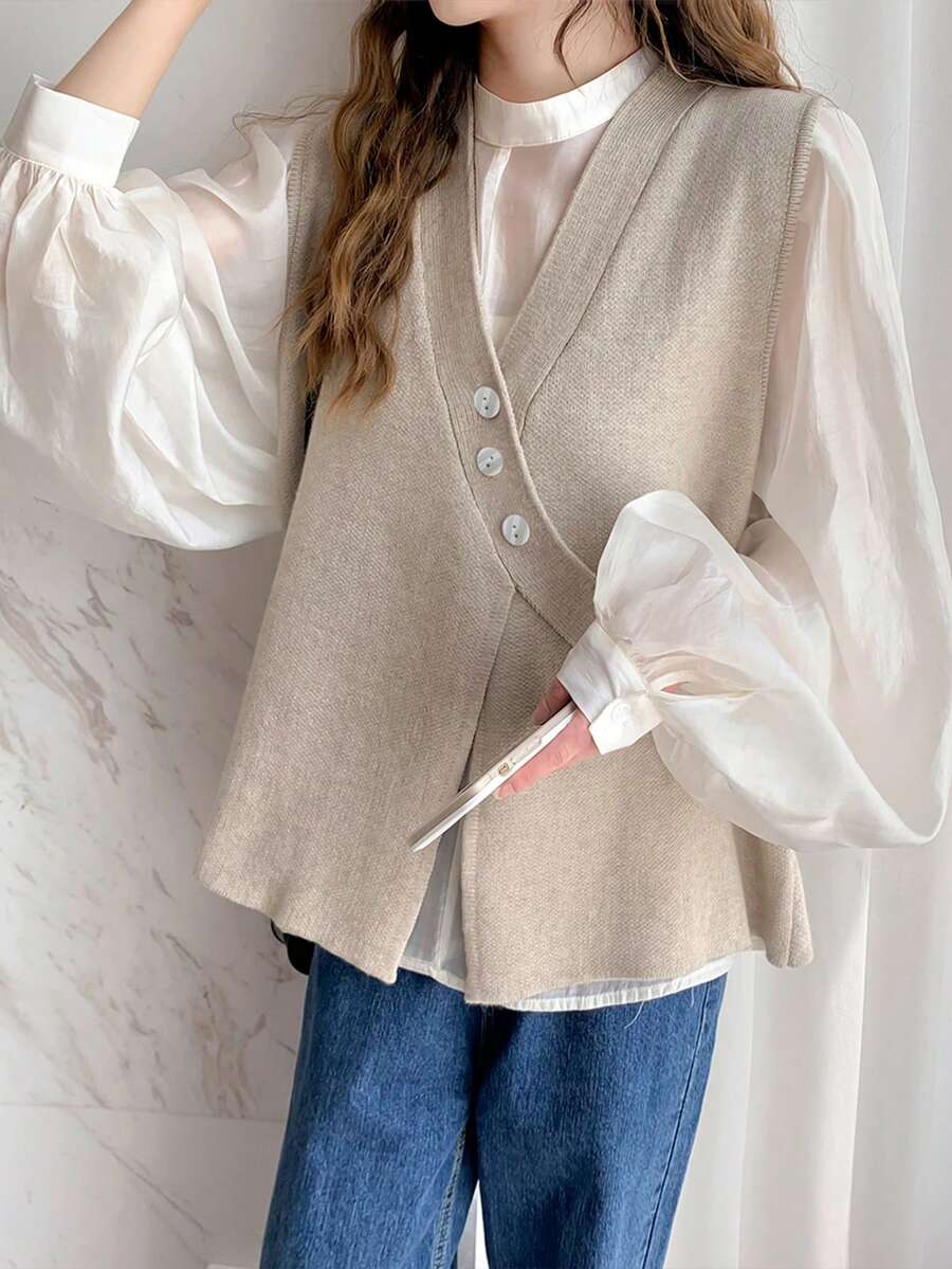 简约设计纯色 V 领无袖开衫背心、无袖上衣 - 杏色 - 查看 1