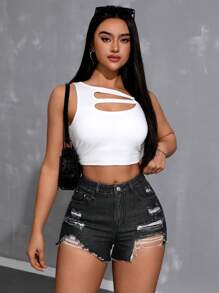 SHEIN EZwear Quần short denim dáng ôm vừa vặn thời trang mùa hè - màu đen - Xem 6