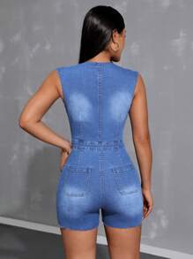 SHEIN Essnce Women Solid Button Front Denim Romper - Light Wash - View 2