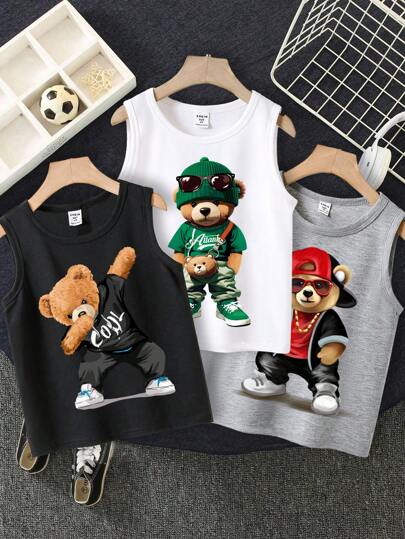 SHEIN 3pcs/Set Tween Boys' Casual Simple Cartoon Bear Pattern Loose Crew Neck Tanks, Black, White, Grey, Summer-Wear, School, Campus, College