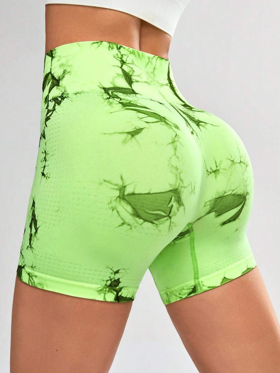 Core Rhythm Pantalones cortos deportivos sin costura con estampado tie-dye y alta elasticidad para verano - Verde - Ver 1