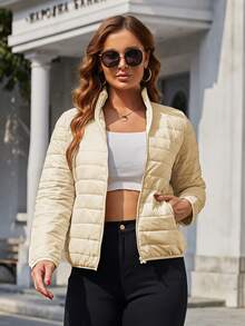 Plus Solid Mock Neck Zip Up Quilted Coat - Beige - View 5