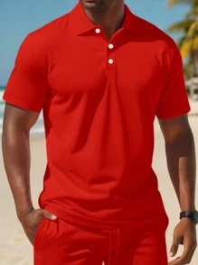 Manfinity Dauomo Men Solid Polo Shirt & Drawstring Waist Shorts - Red - View 3