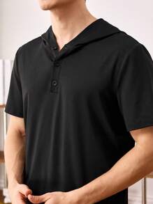 Men's Summer Solid Color Short Sleeve Hooded Homewear Top - Black - View 3