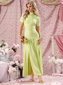 COSMINA Elegant Women's Fall High Neck Solid Color Ruched Split Long Party Gala Cocktail Dress
