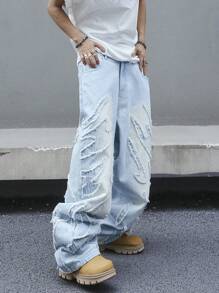 Manfinity ZONE917 男士宽松休闲牛仔裤，带原始下摆和贴袋，纯色长款水洗宽松浅蓝色工装牛仔裤，适合丈夫、男朋友的礼物 - 淺色水洗藍 - 查看 6