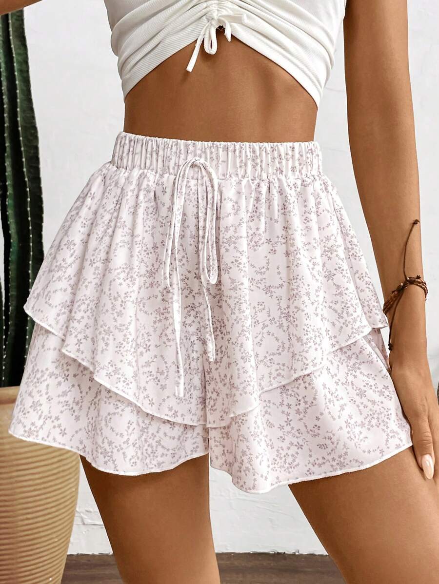 Chiquease Quần short viền nhún bèo hai lớp họa tiết hoa sang trọng dành cho nữ, dành cho kỳ nghỉ - trắng - Xem 1