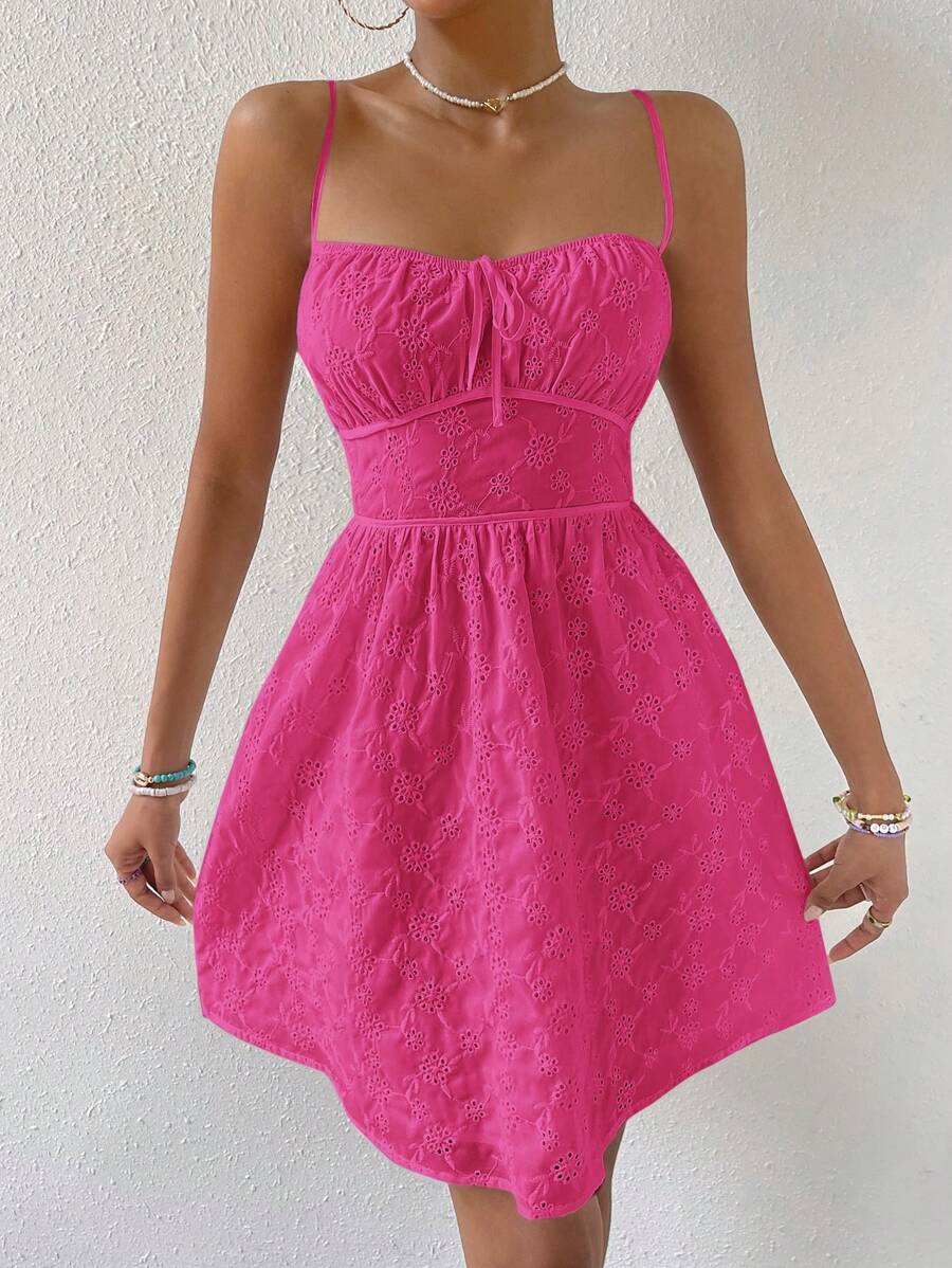 Soleia Ladies' Solid Color Textured Casual Cami Dress - Hot Pink - View 1