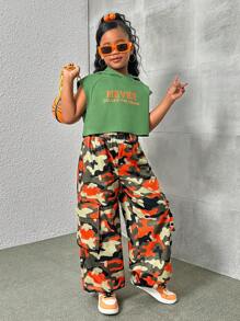 SHEIN Conjunto de 2 piezas para niñas preadolescentes con parte superior holgada con capucha y sudadera con bloques de color estampados, pantalones cargo con estampado de camuflaje naranja - Verde militar - Ver 6