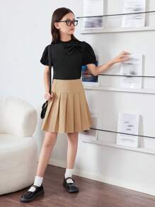 SHEIN Tween Girl Puff Sleeve Decorated Bowknot Stand Collar T-Shirt, Pleated Schoolgirl Skirt 2pcs/Set - Black - View 7