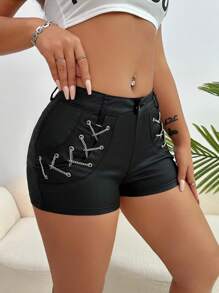 SHEIN SXY 女性夏季時尚鍊帶交叉細身短褲 - 黑色 - 查看 3