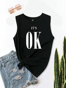 EMERY ROSE Casual Minimalist Black & White Text Graphic Regular Sleeveless Thick Strap Women Tank Top - Black - View 5