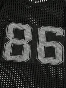 ROMWE MEN Street Life Men's Number Pattern Short Sleeve Knit Top With Hollow-Out Design, School, Football Style - Black - View 5