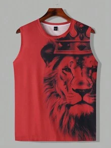 Manfinity Roughcore Camiseta de tirantes holgada casual de cuello redondo con estampado de león para hombre, verano, vacaciones - Burdeos - Ver 3