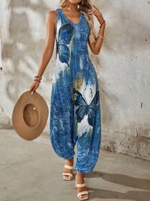 EMERY ROSE Butterfly Pattern Printed Knot Design Women's Casual Sleeveless Jumpsuit - Multicolor - View 4