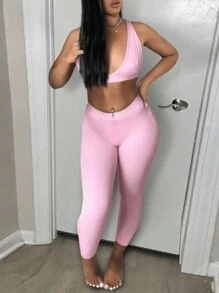 SHEIN 女士纯色简约两件套 - 淺粉色 - 查看 6