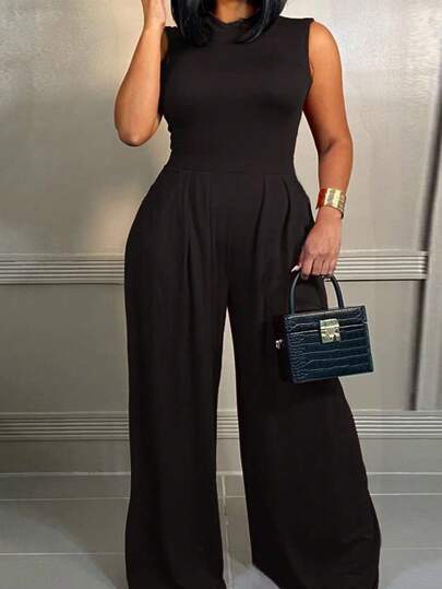 Slaydiva Elegant Sleeveless Solid Color Women's Plus Size Jumpsuit