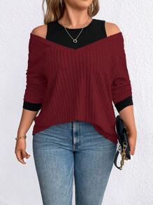 SHEIN LUNE Women's Plus Size Colorblock Open Shoulder Long Sleeve Casual T-Shirt, Spring/Summer - Burgundy - View 5