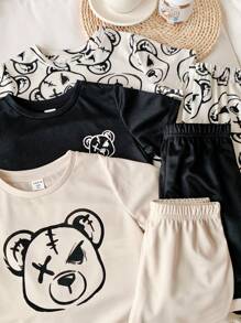 SHEIN 6pcs Cute Cartoon Bear Print Round Neck Short Sleeve T-Shirt With Elastic Waist Shorts Set For Young Boys