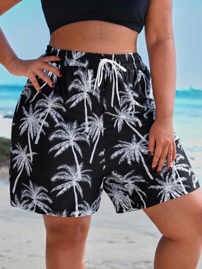 Swim Vcay Plus Size Random Printed Casual Daily Beach Shorts Summer