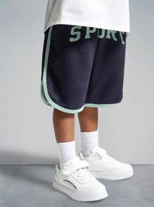 SHEIN Young Boy Knitted Color Block Letter Printed Elastic-Waist Sports Shorts With Pockets