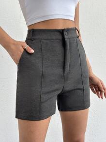 RueChic Bermudas de Tamanho Alto com Detalhe de Costura e Zíper - Cinza claro - Ver 4