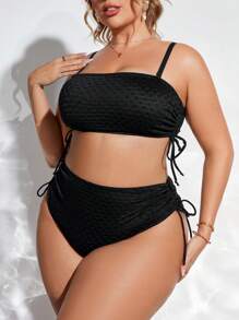 Plus Size Bãi biển mùa hè Dây đeo màu trơn có dây rút ở cả hai bên Bộ bikini hai mảnh đi biển ngày lễ - màu đen - Xem 3