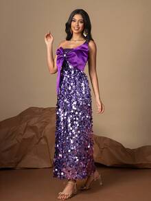 Purple Sexy One Shoulder Bow Glitter Sequin Evening Gown - Purple - View 6