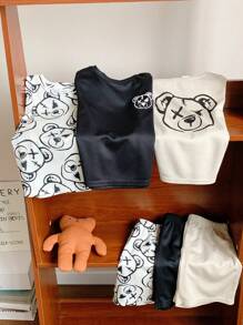 SHEIN 6pcs Cute Cartoon Bear Print Round Neck Short Sleeve T-Shirt With Elastic Waist Shorts Set For Young Boys