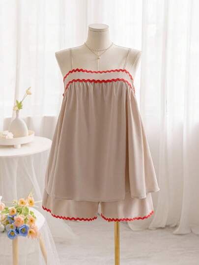 Dreamara Plus Size Women's Loose Linen Fabric A-Line Tank Top With Color-Blocked Edges And Loose Color-Blocked Shorts Holiday Style Two Pieces Outfits, Summer