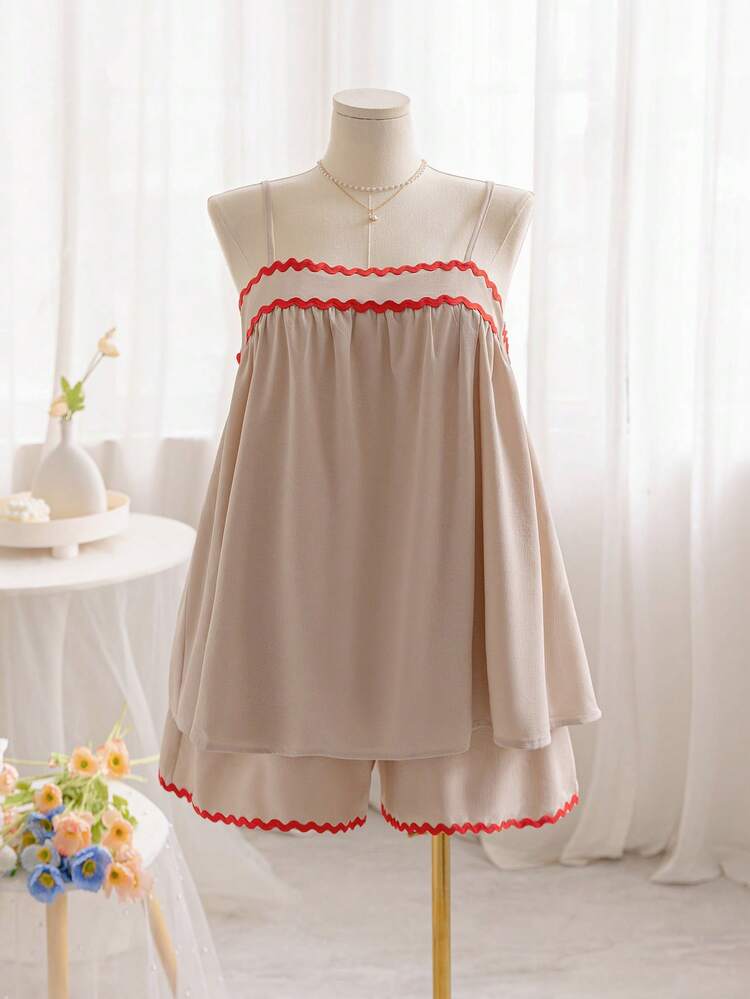 Plus Size Women's Loose Linen Fabric A-Line Tank Top With Color-Blocked Edges And Loose Color-Blocked Shorts Holiday Style Two Pieces Outfits, Summer