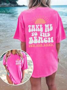 INAWLY Camiseta cómoda de color "Llévame a la playa" Ropa de niña coco, camiseta de playa de moda, camiseta de verano vintage, estilo inspirado en el océano, estilo mermaidcore LLÉVAME A LA PLAYA SOL MAR ARENA - Rosa Fucsia - Ver 2