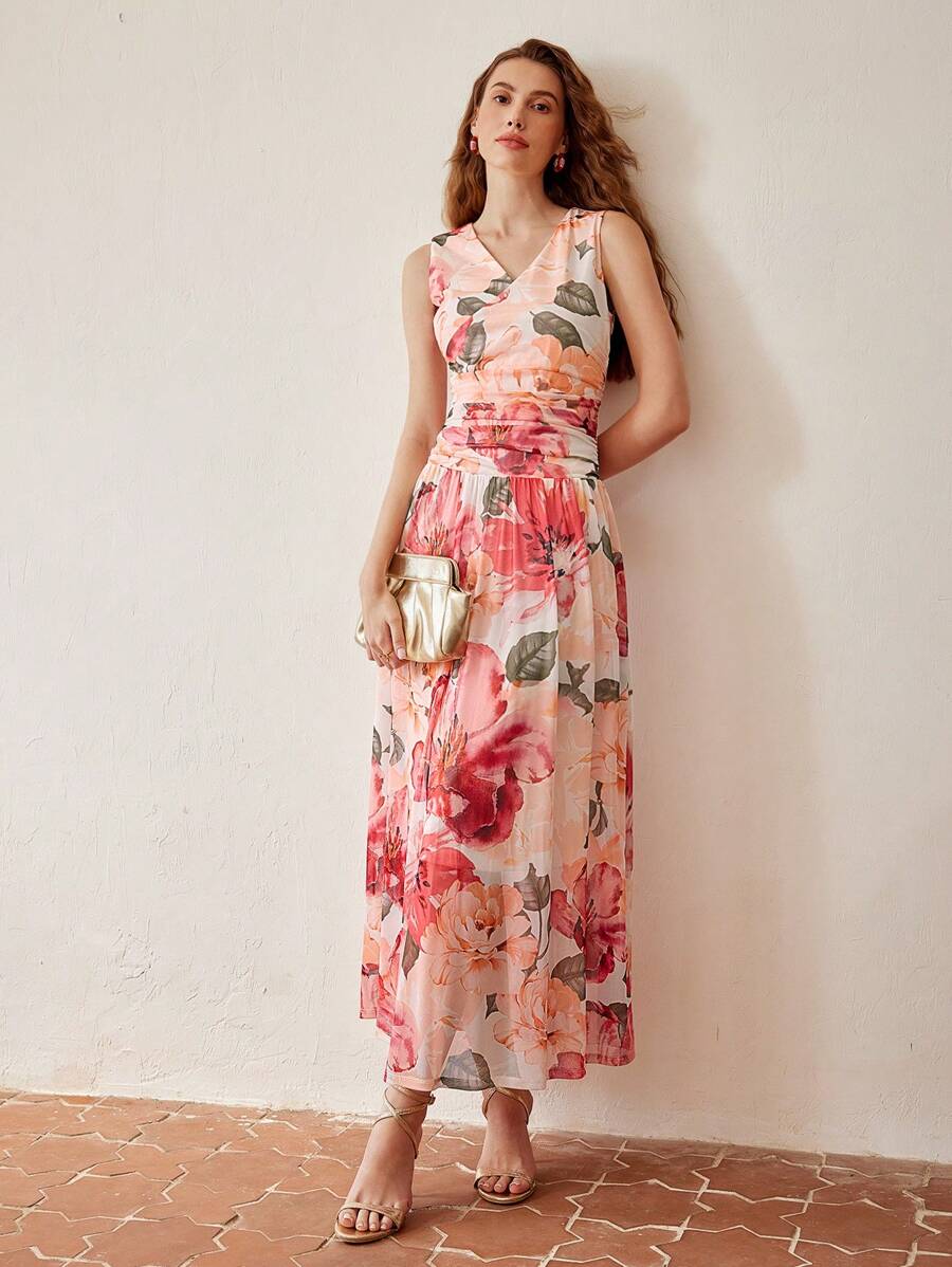 MOTF PREMIUM FLORAL PRINT V-NECK RUCHED WAIST DRESS