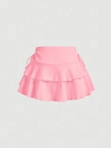 SHEIN MOD Drawstring Waist Pleated Cake Skirt - Coral Pink - View 2