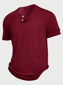 Manfinity Homme Camiseta de manga corta tipo Henley ajustada para hombre con botones de unicolor para el verano - Rojo - Ver 3