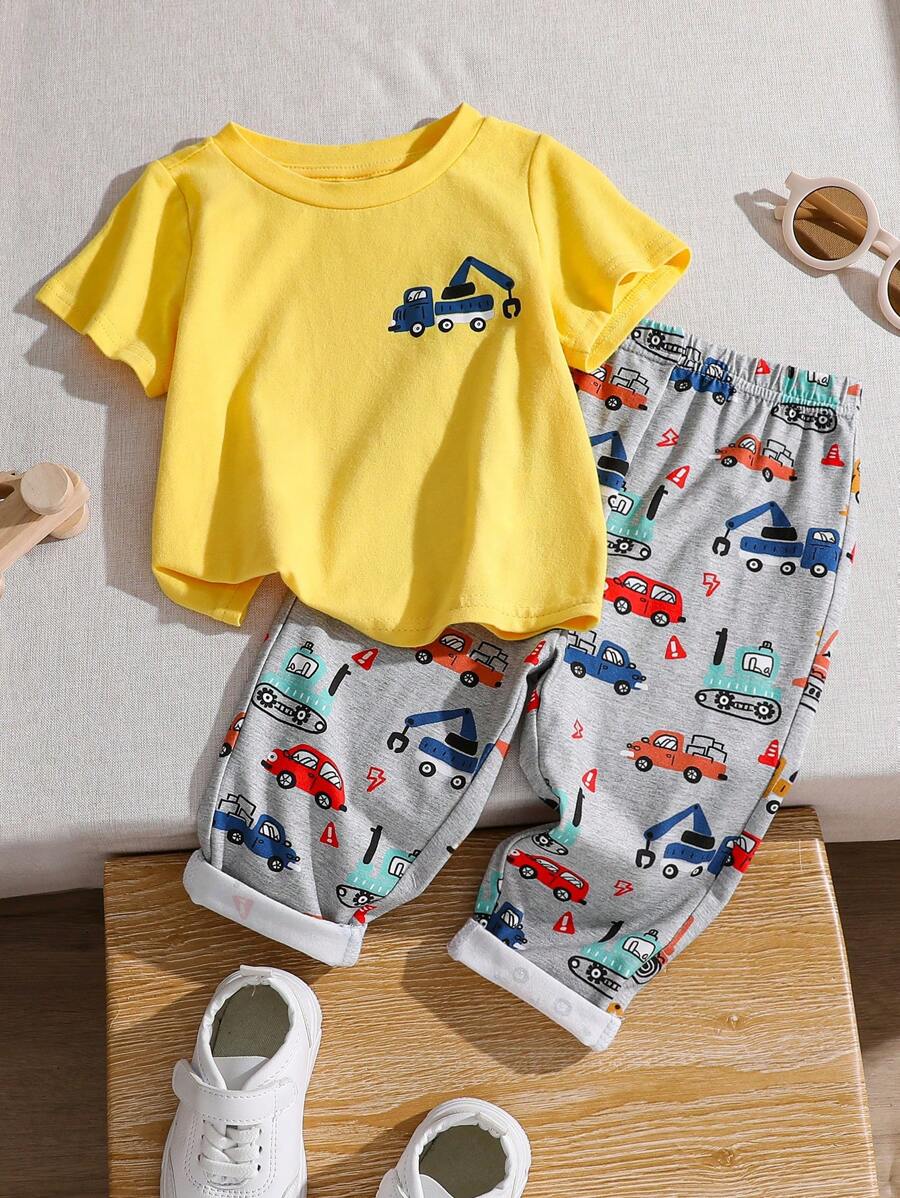 SHEIN Leap Crew 嬰兒男/女有趣的車紋短袖圓頸上衣和慢跑褲套裝