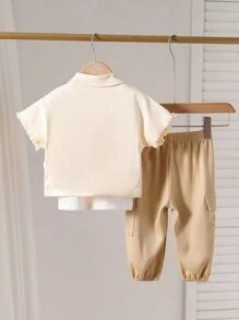Set Da 3 Pezzi Maglietta A Maniche Corte, Maglietta E Pantaloni A Vita Elastica Con Tasca Per Bambino, Stile Elegante - Multicolore - Visualizzare 2