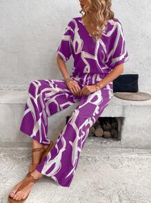 SHEIN Clasi Conjunto de top con manga de murciélago y pantalón de pierna ancha con estampado completo - Morado - Ver 5