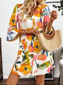 SHEIN LUNE Women's Holiday Casual Random Flower Print Flare Sleeve Front Button-Up Dress - Multicolor - View 4