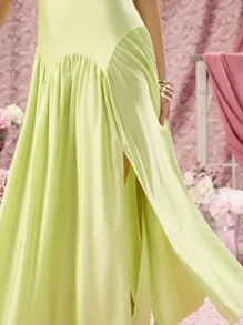 COSMINA Elegant Women's Fall High Neck Solid Color Ruched Split Long Party Gala Cocktail Dress
