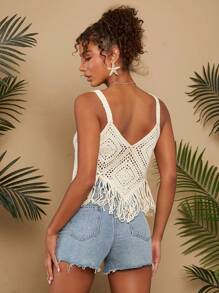 Travachic Fringe Hem Crochet Cover Up - Beige - View 2