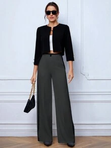 SHEIN Tall Women's Casual & Commuting Contrast Trim Wide Leg Pants - Dark Grey - View 4
